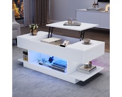 Pugsdrly 98*45*40 cm lifttafel met liftblad, in hoogte verstelbare salontafel, salontafel met 2 klapdeuren, salontafel met halfopen opbergruimte, hoogglans salontafel met ledverlichting, wit