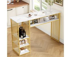 Pugsdrly Bar-tafel met opbergruimte, 140×40×105 cm, statafel met MDF-tafelblad in marmerlook, 3 opbergvlakken en goudkleurig metalen onderstel, keukentoonbank voor keuken, eetkamer en ontbijthoek.