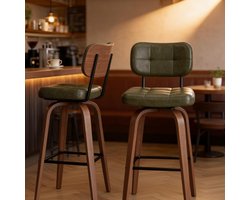 Pugsdrly Barkruk Curve – draaibare kruk met PU-bekleding, gebogen houten sikkelvormige rugleuning en metalen frame, 360° draaibaar, set van 2