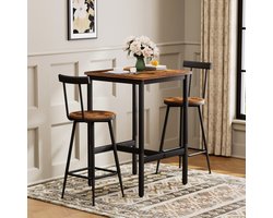 Pugsdrly Barmafel en krukken set, eettafel met twee stoelen met voetkussens, metalen frame, bartafel set in industriële stijl, geschikt voor eetkamer, woonkamer enz., rustiek bruin oppervlak, 60 cm * 60 cm * 90 cm