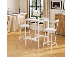 Pugsdrly Barmafel en krukken set, eettafel met twee stoelen met voetkussens, metalen frame, bartafel set in industriële stijl, geschikt voor eetkamer, woonkamer enz., wit. 60 cm * 60 cm * 92 cm