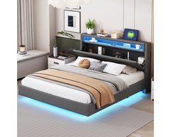Pugsdrly Beddengoed 160x200 cm met USB-aansluiting en LED-verlichting, omkeerbaar hoofdeinde, verborgen voeteneinde, dubbel vlak bed, jeugdbed, bed voor volwassenen, linnenstof grijs