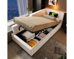 Pugsdrly Beddengoed dagbed Daybett 90x200cm, slaapbank met hydraulische opbergruimte, leeslampje en USB-C-oplaadfunctie, kinderbed jeugdbed bedframe met lattenbodem van hout, fluweel, beige