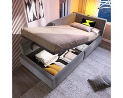 Pugsdrly Bekleed bed Dagbed 90x200 cm, slaapbank met hydraulische opbergruimte, leeslampje en USB-C-oplaadfunctie, kinderbed jeugdbed bedframe met lattenbodem van hout, fluweel, grijs