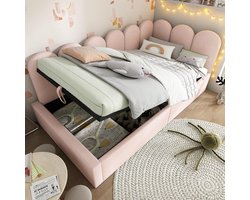 Pugsdrly Bekleed bed Daybed 90x190 cm, slaapbank met hydraulische opbergruimte, kinderbed met metalen lattenbodem, fluweel, roze, zonder matras
