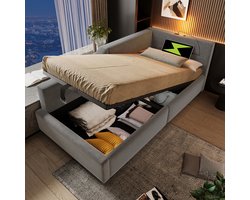 Pugsdrly Bepolsterd bed, dagbed, 90 x 190 cm, slaapbank met hydraulische opbergruimte, leeslampje en USB-C-oplaadfunctie, kinderbed, jeugdbed, bedframe met houten lattenbodem, fluweel, grijs