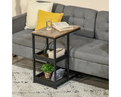 Pugsdrly Bijzettafel met wieltjes voor bank of bed, industriële stijl, staal en hout, bruin en zwart