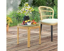 Pugsdrly Bijzettafel van polyrattan, ronde salontafel met glazen tafelblad, nachtkastje Ø50 cm, geel