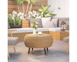 Pugsdrly Bijzettafel van polyrotan, ronde salontafel met glazen tafelblad Ø75 x 42 cm, bruin