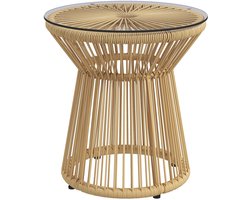 Pugsdrly Bijzettafel voor buiten Tuintafel Rotan bijzettafel, glazen blad, PE-rotan, 40 cm x 40 cm x 42 cm Beige