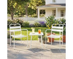 Pugsdrly Bistroset 3-delige metalen tuinmeubelset met 2 tuinstoelen, glazen tafel, lamellenontwerp, roestbestendig