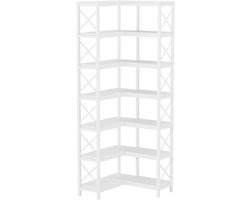 Pugsdrly Boekenkast, hoge boekenkast, grote industriële hoekrek, hoekrek op de vloer, opbergrek met metalen frame voor woonkamer, huis, kantoor (7 planken - wit)