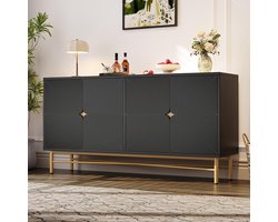 Pugsdrly Buffetkast met reliëfstructuur 160 cm, kast met vier deuren Geborstelde gouden handgrepen en glanzende tafelpoten, zwart