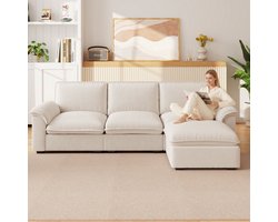 Pugsdrly Cloud - L-vormige modulaire 4-zitsbank met poef - Chenille - Beige - Armleuningen & sierkussens