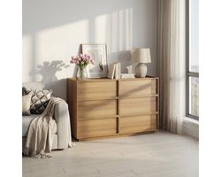 Pugsdrly Commode met zes lades, moderne kledingkast/kast, opbergmeubel van hout, kaptafel, geschikt voor woonkamer, slaapkamer, hal, 127 x 48 x 80 cm eikenkleurig