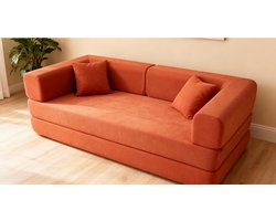 Pugsdrly - Converteerbare slaapbank - Met cilindervormig kussen - Gemaakt van corduroy - Opvouwbare matrasbank - Met vast frame - Vloerbank - Loungebank - Voor woonkamer, slaapkamer, lounge en studio - In oranjerood