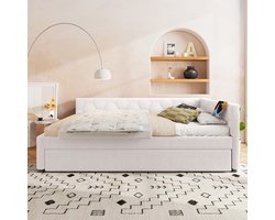 Pugsdrly Dagbed, 140*200 cm Dagbed, slaapbank, bed met lattenbodem (zonder matras), met nachtlampje, met multifunctioneel uitschuifbed, USB-aansluiting, type C, comfortabel materiaal, imitatie fleece, wit