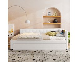 Pugsdrly Dagbed, 90*200 cm Dagbed, slaapbank, bed met lattenbodem (zonder matras), met nachtlampje, met multifunctioneel uitschuifbed, USB-poort, type C, comfortabel materiaal, imitatie fleece, wit