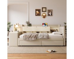 Pugsdrly Dagbed, 90*200 cm, dagbed, slaapbank, met 2 lades, bureau, USB + Type C, opklapbaar opbergvak, opbergvak, bed met lattenbodem (zonder matras), linnengoed, beige gestoffeerd bed