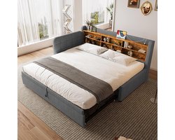 Pugsdrly - Dagbed - Slaapbank - 90 x 200 cm (uitgeschoven: 180 x 200 cm) - Meerdere opbergruimtes - Met lattenbodem - Uitschuifbaar multifunctioneel ontwerp - Met USB- en Type-C-poort - Zonder matras - Linnen - Grijs