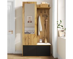 Pugsdrly De garderobeset bestaat uit 5 hakhaken, een spiegel, een schoenenkast, een bovenplank met een verborgen ruimte om kleding op te hangen en een bankje voor in de gang.
