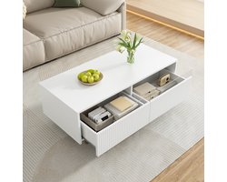 Pugsdrly Deze moderne LED-salontafel heeft een golvend blad met lades, goudkleurige poten, twee lades en een LED-lichtstrip die van kleur verandert. Een bijpassend tv-meubel is ook verkrijgbaar.