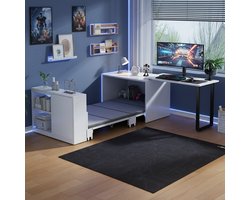 Pugsdrly Dit 2-in-1 bureau en opklapbed hebben een metalen bedframe en poten, een matras van 4 cm dik, wieltjes, een enkele kast met twee opbergvakken en zijn wit.
