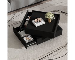 Pugsdrly - Draaibare Salontafel - 360° draaibaar tafelblad - 2 legplanken - Opbergruimte - 60x60x38 cm - Zwart