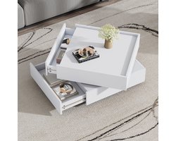Pugsdrly Draaibare Salontafel met 360° Draaibaar Tafelblad 2 Legplanken en Opbergruimte 60x60x38 cm