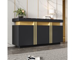 Pugsdrly dressoir 140x38x70 cm modern zwart 3 deuren verstelbare scheidingswanden eetkamerkast keuken woonkamer eetkamer hal zwart en goud brede kastjes zonder handgrepen
