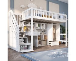 Pugsdrly - Eenpersoons Kinderbed - Met bureau en kledingkast - Met trap en opbergvakken - Massief hout + MDF - Zonder matras - Wit - 90 x 200 cm