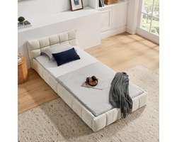 Pugsdrly Eenpersoonsbed 90*200 cm, kinderbed met zijdezachte chenille bekleding, vierkant quiltontwerp, gemaakt van ecologisch eucalyptushout en een stabiel ijzeren frame, eenvoudige montage, beige (zonder matras)