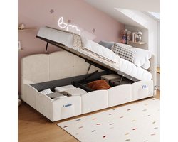 Pugsdrly - Eenpersoonsbed 90x200 cm - Gestoffeerd bed - Slaapbank - Met opbergruimte - Kinderbed voor tieners - Lattenbodem - USB-oplader - Opbergtas - Fluweel - Beige - Zonder matras
