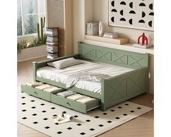 Pugsdrly Eenpersoonsbed Bed met 2 lades Plat bed Enkel bed 90x200 cm bed met lattenbodem zonder matras minimalistisch grenen houten bed groen