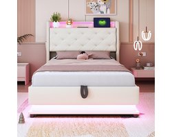 Pugsdrly Eenpersoonsbed Kinderbed bed 90x200 cm met kleurveranderlijke verlichting en USB-aansluiting opklapbaar hoofdeinde met hydraulische opbergruimte met beige linnen zak