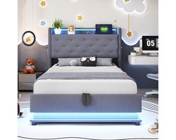 Pugsdrly Eenpersoonsbed Kinderbed bed 90x200 cm met kleurwisselende verlichting en USB-aansluiting opklapbaar hoofdeinde met hydraulische opbergruimte met grijze linnenzak