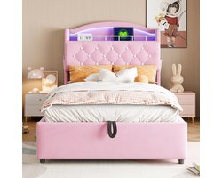 Pugsdrly Eenpersoonsbed Kinderbed bed 90x200 fluweel eenpersoons multifunctioneel bed met LED en USB-opbergruimte roze