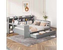 Pugsdrly Eenpersoonsbed Kinderbed bed Sofabed in massief hout 140x200 cm met bureau, planken, opbergvakken en planken met 2 grote opbergkasten grijs