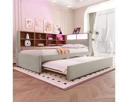 Pugsdrly Eenpersoonsbed slaapbank volwassen bed 90x200 onderschuifbed 90x190 met USB-aansluiting en talrijke opbergvakken lichtgrijs