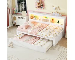 Pugsdrly Eenpersoonsbed Volwassen bed Gecombineerd bed Nestbed 90x200 cm afstandsbedienbare sfeerverlichting opbergruimte aan de zijkant stopcontact + USB wit