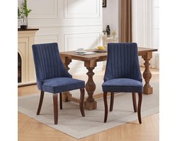 Pugsdrly Eetkamerstoelen van geblokt rayonne Channel-keukenstoelen Comfortabele bijzetstoelen van gestoffeerd materiaal voor de eetkamer met gebogen poten van massief hout, set van 2 (blauw), DE1847BL