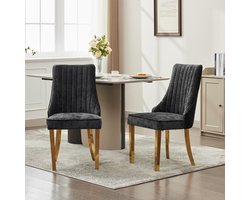 Pugsdrly Eetkamerstoelen van rayon met chenille-flockbekleding Channel-keukenstoel Comfortabele extra stoel van gewatteerde stof voor de eetkamer met poten van verguld roestvrij staal, set van 2 (zwart), DE1647BK