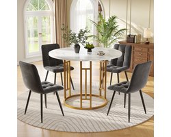 Pugsdrly Eettafel set (5-delig), eettafel set met 4 stoelen, moderne eettafel set voor in de keuken, ronde keukentafel met een diameter van 80 cm met gouden metalen poten, marmeren MDF-tafelblad, eetkamerstoelen van grijs fluweel