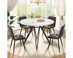 Pugsdrly Eettafel set (5 stuks), eettafel set met 4 stoelen, moderne eettafel set voor de keuken, ronde keukentafel met een diameter van 100 cm, zwarte metalen poten, marmeren MDF tafelblad, eetkamerstoelen van grijs