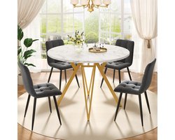 Pugsdrly Eettafelset (5-delig), eettafelset met 4 stoelen, moderne eettafelset voor de keuken, ronde keukentafel met een diameter van 100 cm met goudkleurige metalen poten, marmeren MDF-blad, eetkamerstoelen in grijs