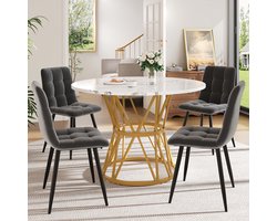 Pugsdrly Eettafelset (5-delig), eettafelset met 4 stoelen, moderne eettafelset voor de keuken, ronde keukentafel met een diameter van 100 cm, metalen poten, marmeren MDF-blad, eetkamerstoelen van grijs fluweel