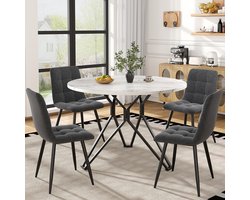 Pugsdrly Eettafelset (5-delig), eettafelset met 4 stoelen, moderne eettafelset voor de keuken, ronde keukentafel met een diameter van 100 cm, zwarte metalen poten, marmeren MDF-blad, eetkamerstoelen van grijs fluweel