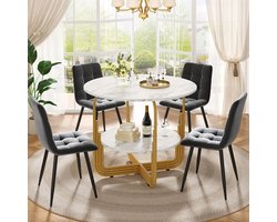 Pugsdrly Eettafelset (5-delig), eettafelset met 4 stoelen, moderne eettafelset voor de keuken, ronde keukentafel met een diameter van 80 cm, met goudkleurige metalen poten, marmeren MDF-blad, eetkamerstoelen in grijs