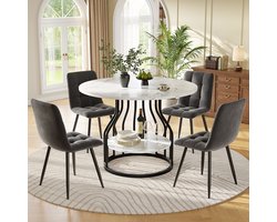 Pugsdrly Eettafelset (5-delig), eettafelset met 4 stoelen, moderne eettafelset voor de keuken, ronde keukentafel met een diameter van 80 cm, zwarte metalen poten, marmeren MDF-blad, eetkamerstoelen in grijs fluweel