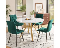 Pugsdrly Eettafelset, tafel- en stoelenset (5-delig), moderne en eenvoudige eettafelset en stoelen van rond marmer, tafelpoten van goudkleurig metaal + 4 ergonomische fluwelen stoelen, groene eetkamerstoel